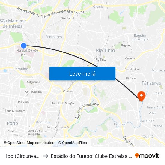 Ipo (Circunvalação) to Estádio do Futebol Clube Estrelas de Fânzeres map