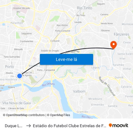 Duque Loulé to Estádio do Futebol Clube Estrelas de Fânzeres map