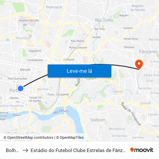 Bolhão to Estádio do Futebol Clube Estrelas de Fânzeres map