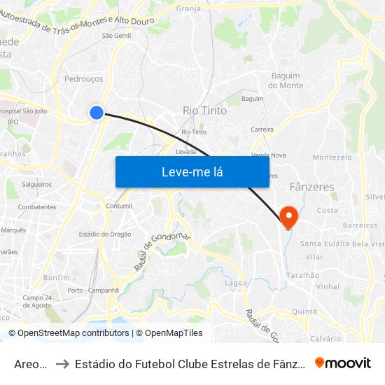 Areosa to Estádio do Futebol Clube Estrelas de Fânzeres map