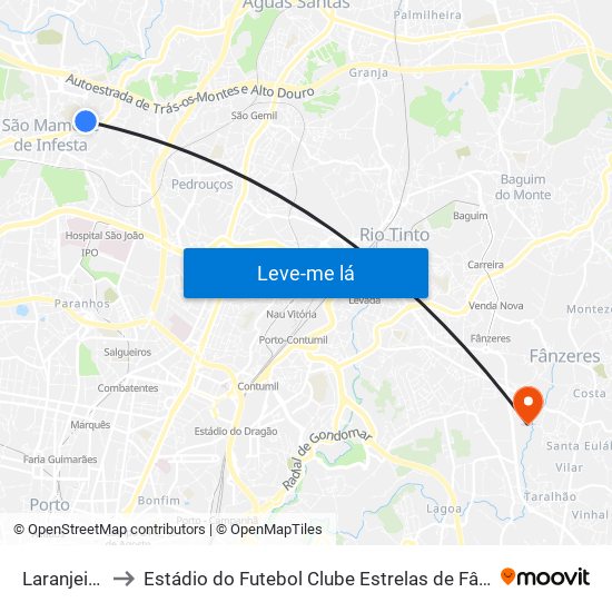 Laranjeiras to Estádio do Futebol Clube Estrelas de Fânzeres map