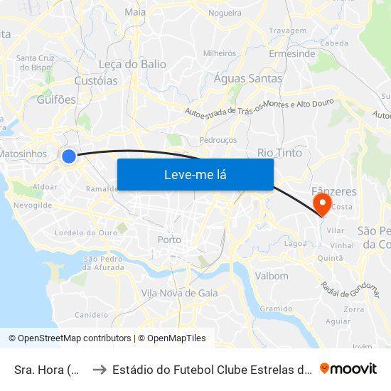 Sra. Hora (Hiper) to Estádio do Futebol Clube Estrelas de Fânzeres map