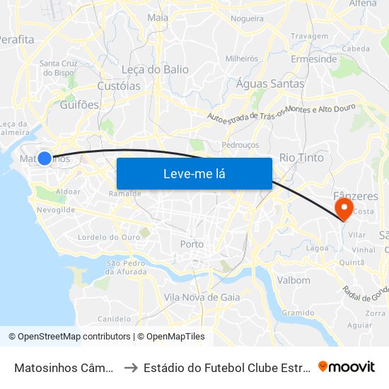 Matosinhos Câmara (Matc1) to Estádio do Futebol Clube Estrelas de Fânzeres map