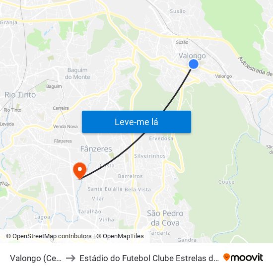 Valongo (Centro) to Estádio do Futebol Clube Estrelas de Fânzeres map