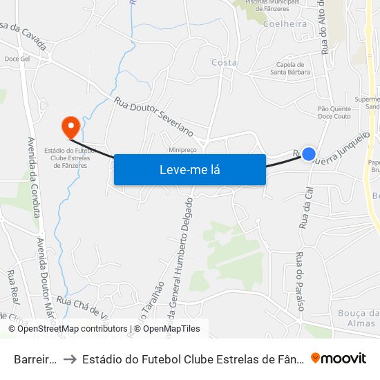 Barreiros to Estádio do Futebol Clube Estrelas de Fânzeres map