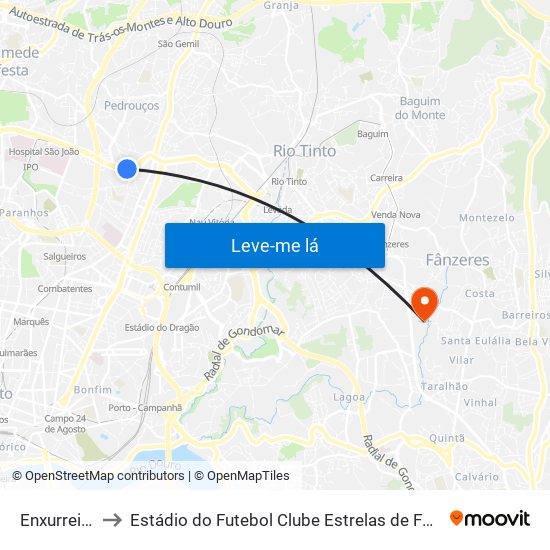 Enxurreiras to Estádio do Futebol Clube Estrelas de Fânzeres map