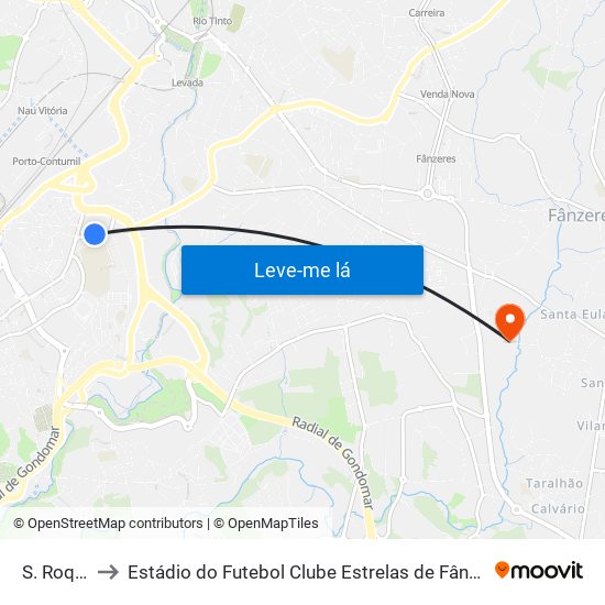 S. Roque to Estádio do Futebol Clube Estrelas de Fânzeres map