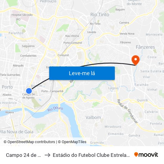 Campo 24 de Agosto to Estádio do Futebol Clube Estrelas de Fânzeres map
