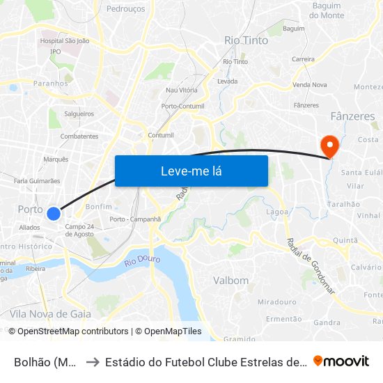 Bolhão (Metro) to Estádio do Futebol Clube Estrelas de Fânzeres map