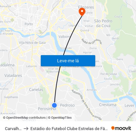 Carvalhos to Estádio do Futebol Clube Estrelas de Fânzeres map