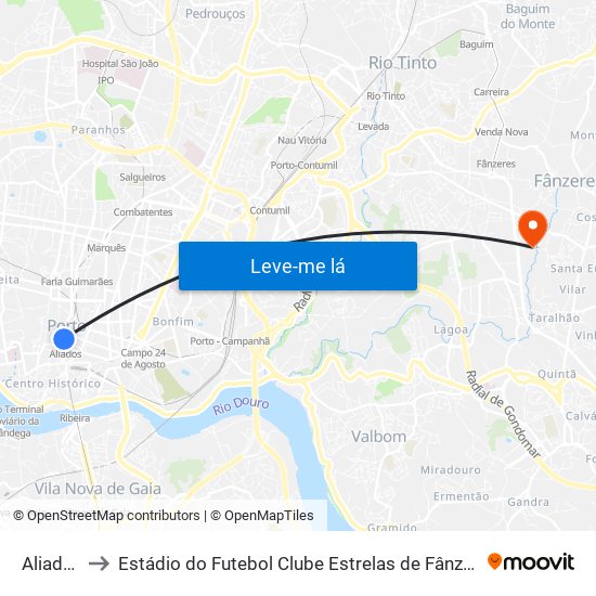 Aliados to Estádio do Futebol Clube Estrelas de Fânzeres map