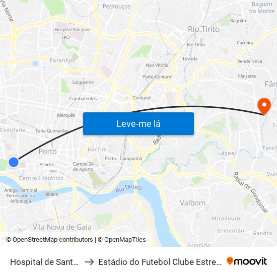 Hospital de Santo António to Estádio do Futebol Clube Estrelas de Fânzeres map