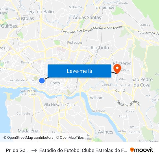 Pr. da Galiza to Estádio do Futebol Clube Estrelas de Fânzeres map