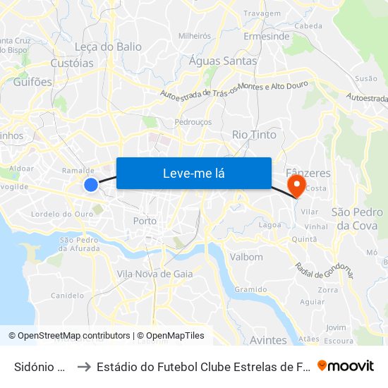 Sidónio Pais to Estádio do Futebol Clube Estrelas de Fânzeres map