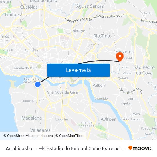 Arrábidashopping to Estádio do Futebol Clube Estrelas de Fânzeres map