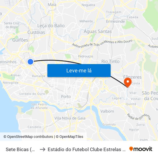 Sete Bicas (Metro) to Estádio do Futebol Clube Estrelas de Fânzeres map