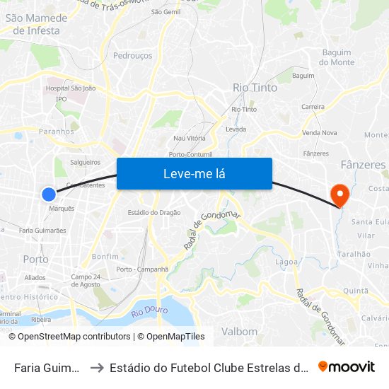 Faria Guimarães to Estádio do Futebol Clube Estrelas de Fânzeres map