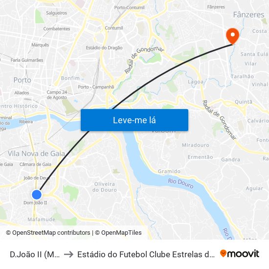 D.João II (Metro) to Estádio do Futebol Clube Estrelas de Fânzeres map