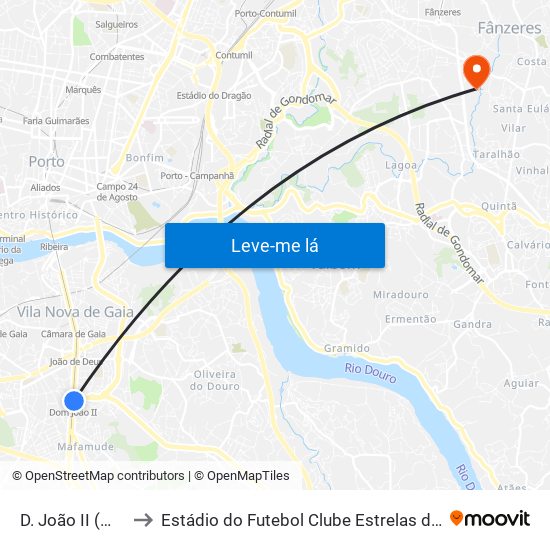 D. João II (Metro) to Estádio do Futebol Clube Estrelas de Fânzeres map