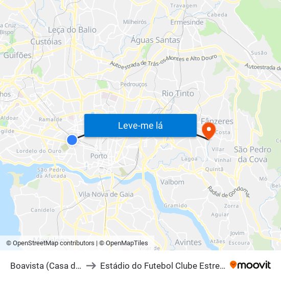 Boavista (Casa da Música) to Estádio do Futebol Clube Estrelas de Fânzeres map