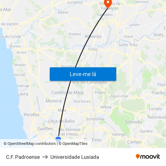 C.F. Padroense to Universidade Lusíada map