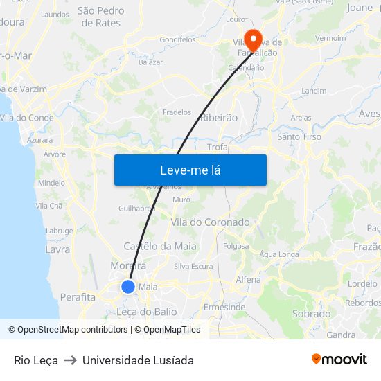 Rio Leça to Universidade Lusíada map
