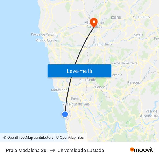 Praia Madalena Sul to Universidade Lusíada map