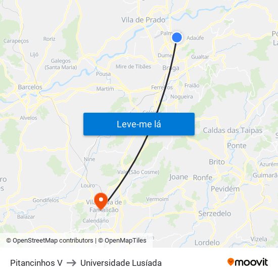 Pitancinhos V to Universidade Lusíada map