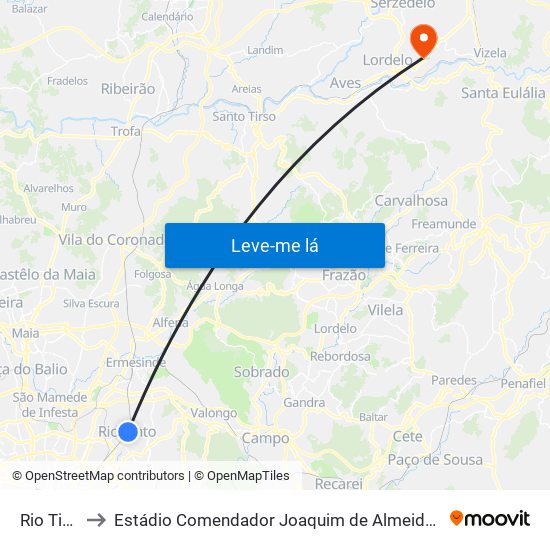 Rio Tinto to Estádio Comendador Joaquim de Almeida Freitas map