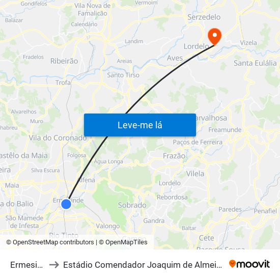 Ermesinde to Estádio Comendador Joaquim de Almeida Freitas map