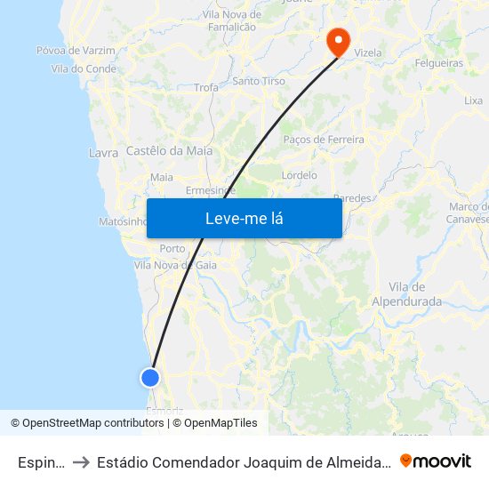 Espinho to Estádio Comendador Joaquim de Almeida Freitas map