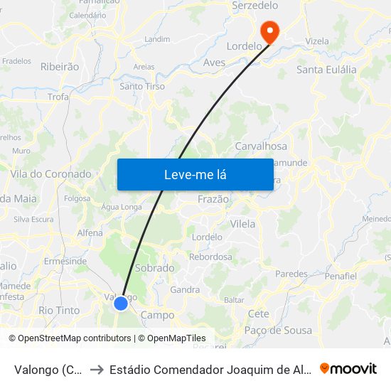 Valongo (Centro) to Estádio Comendador Joaquim de Almeida Freitas map