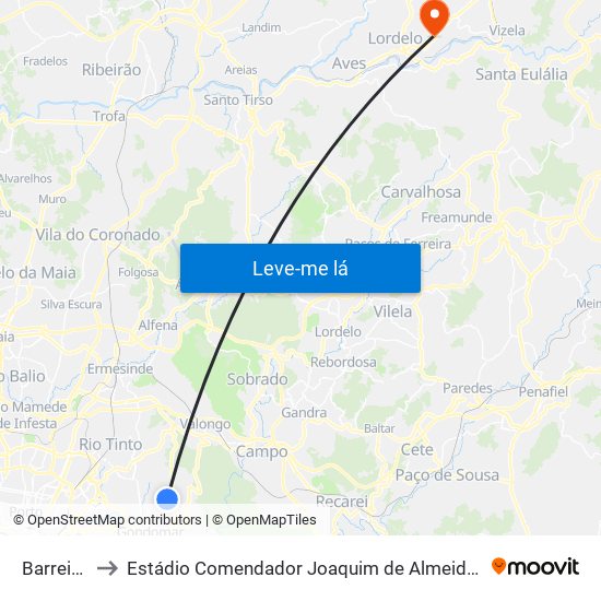 Barreiros to Estádio Comendador Joaquim de Almeida Freitas map