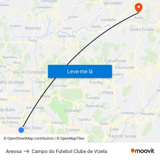 Areosa to Campo do Futebol Clube de Vizela map