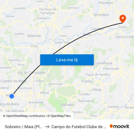Sobreiro / Maia (Plaza) to Campo do Futebol Clube de Vizela map