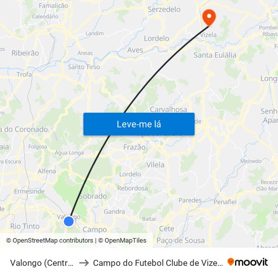 Valongo (Centro) to Campo do Futebol Clube de Vizela map