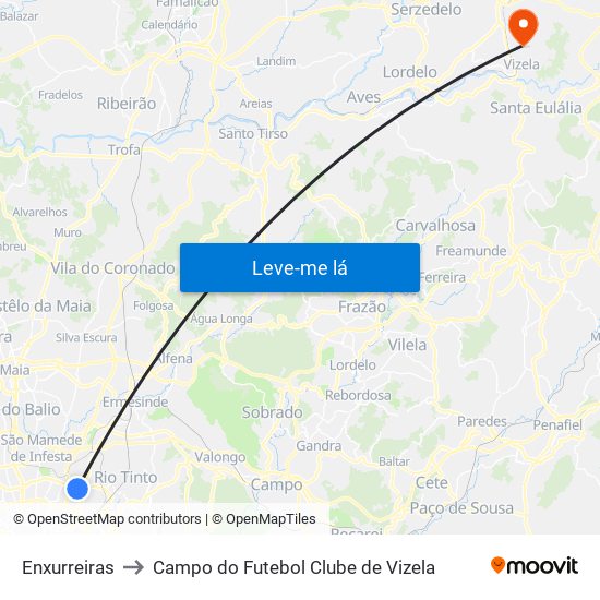 Enxurreiras to Campo do Futebol Clube de Vizela map
