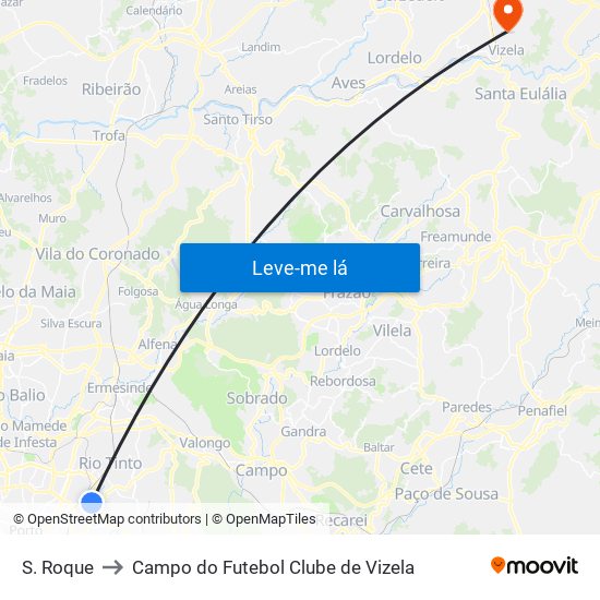 S. Roque to Campo do Futebol Clube de Vizela map