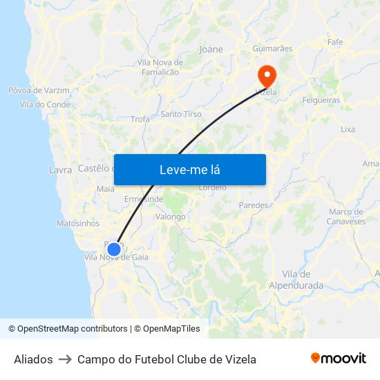 Aliados to Campo do Futebol Clube de Vizela map