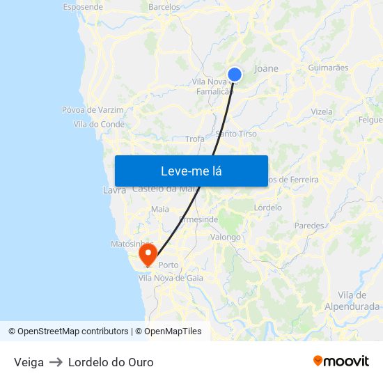 Veiga to Lordelo do Ouro map