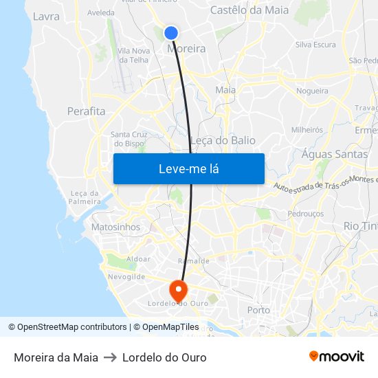 Moreira da Maia to Lordelo do Ouro map