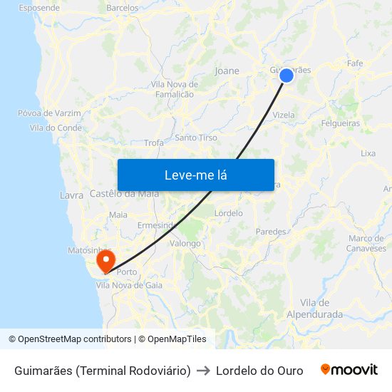 Guimarães (Terminal Rodoviário) to Lordelo do Ouro map