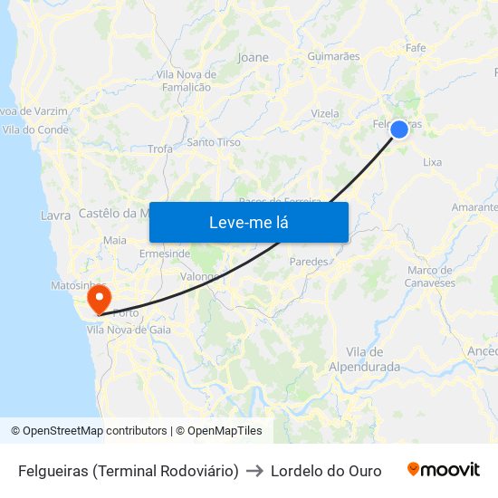 Felgueiras (Terminal Rodoviário) to Lordelo do Ouro map