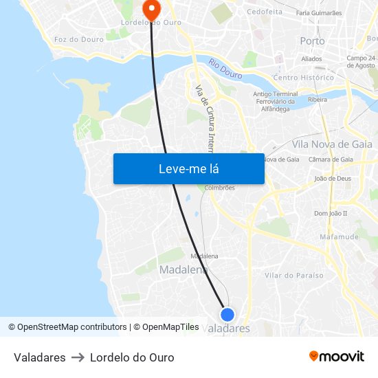 Valadares to Lordelo do Ouro map