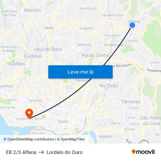 EB 2/3 Alfena to Lordelo do Ouro map