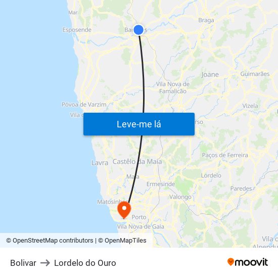 Bolivar to Lordelo do Ouro map
