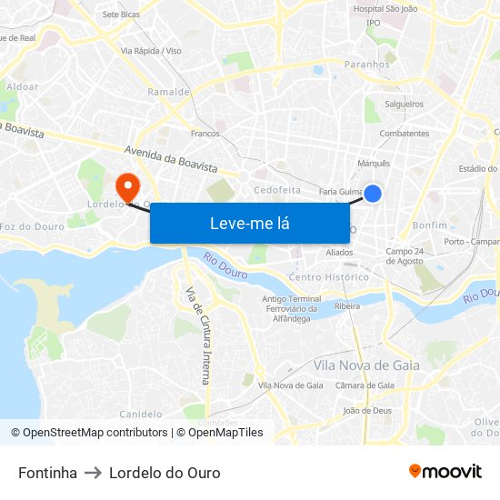 Fontinha to Lordelo do Ouro map