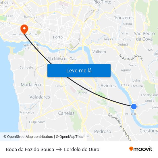 Boca da Foz do Sousa to Lordelo do Ouro map