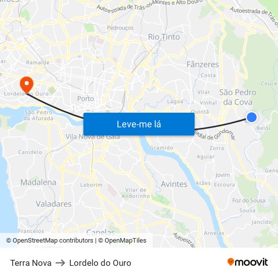 Terra Nova to Lordelo do Ouro map