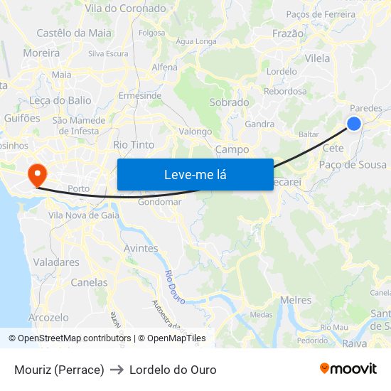 Mouriz (Perrace) to Lordelo do Ouro map